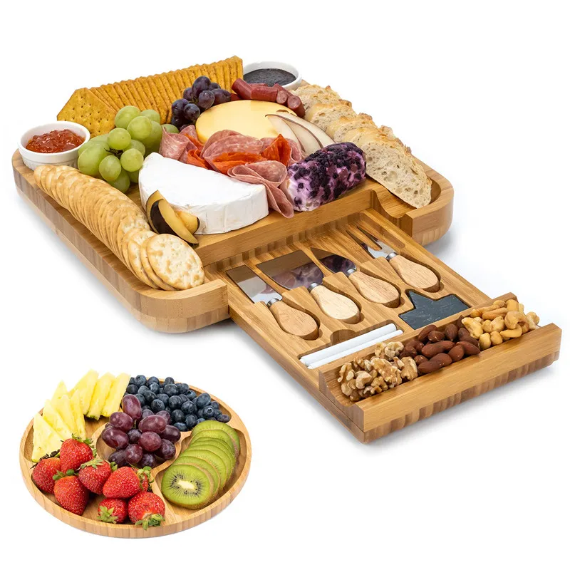 

Eco Friendly Kitchen Meat And Fruit Severing Tray,Natural Bamboo Cheese Board With Stainless Steel Tool, Natural bamboo color