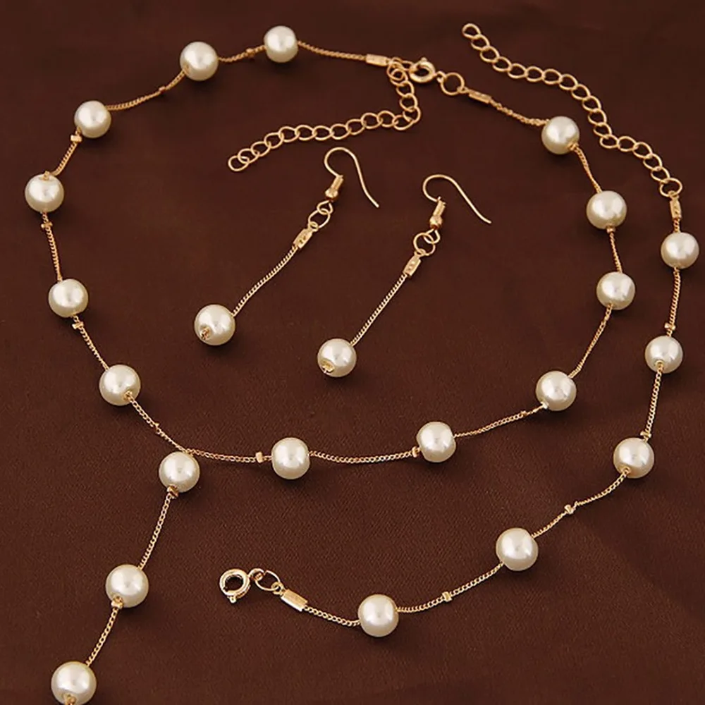 

00121-5 Boutique Korean fashion pearl multi layer elegant necklace earrings bracelet set three piece Jewelry Set