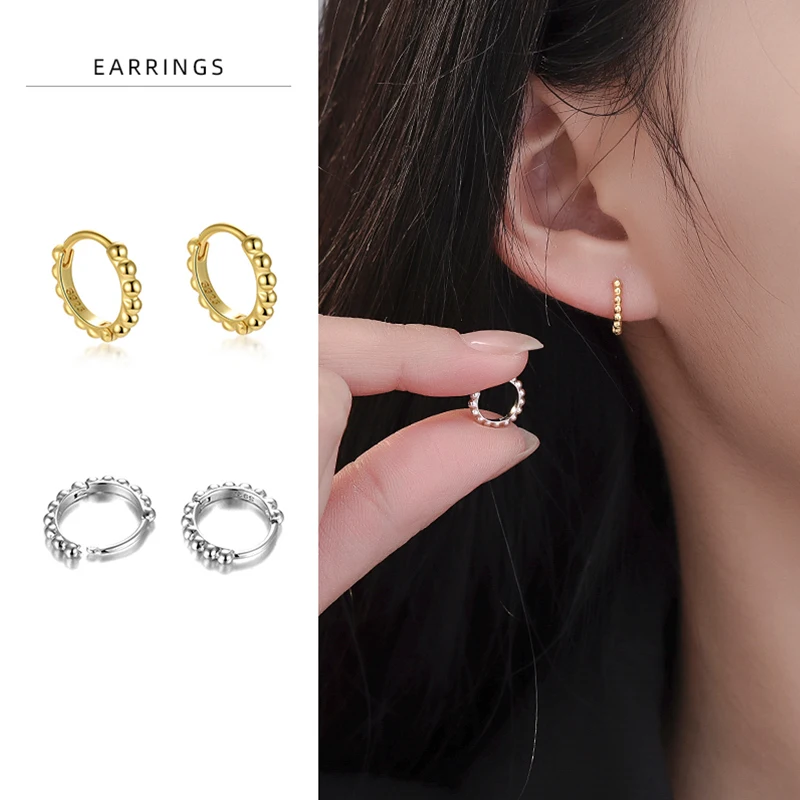 Wholesale Vintage Hoops 925 Sterling Silver Gold Plated Round Beads Earrings Set for Women Girl Fine Jewelry Gift