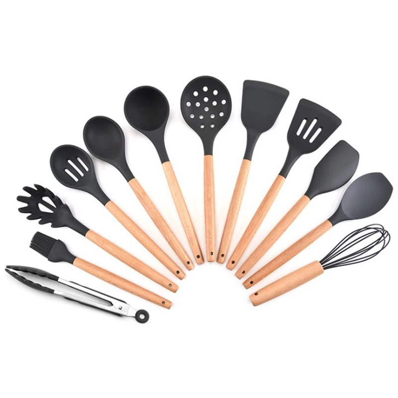 

Economical Cookware Set Beech Wood Handle Food Grade Silicone Kitchen Utensils Sets of 12pcs, Black