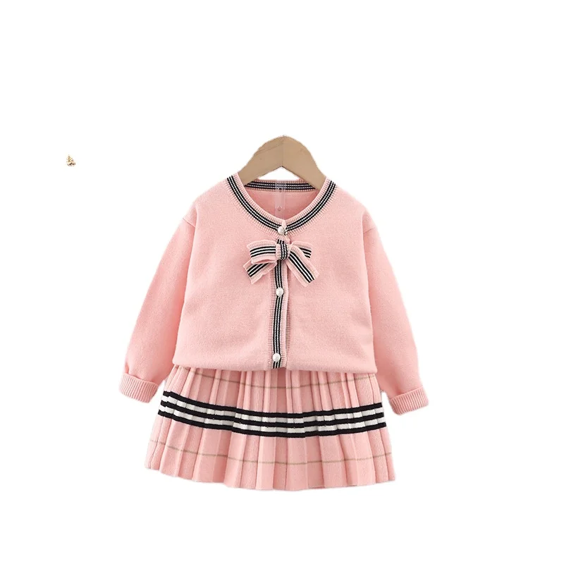 

Autumn Winter Kids Bow Top Knitwear & Skirt Set Ruffle Toddler Girl Clothes Fall Kids Knit Girls Two Piece Clothes set