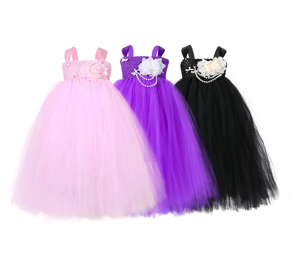 

OUHENG 2-12 Year Children Clothes Black Flower Pearl Baby Girls' Beaded Party Christening Princess Dresses