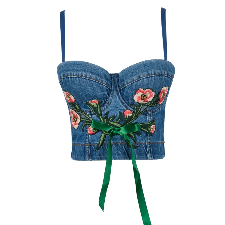 

2020 new arrivals summer styles spaghetti strap embroidery fashion women denim crop top cami tops with built in bras