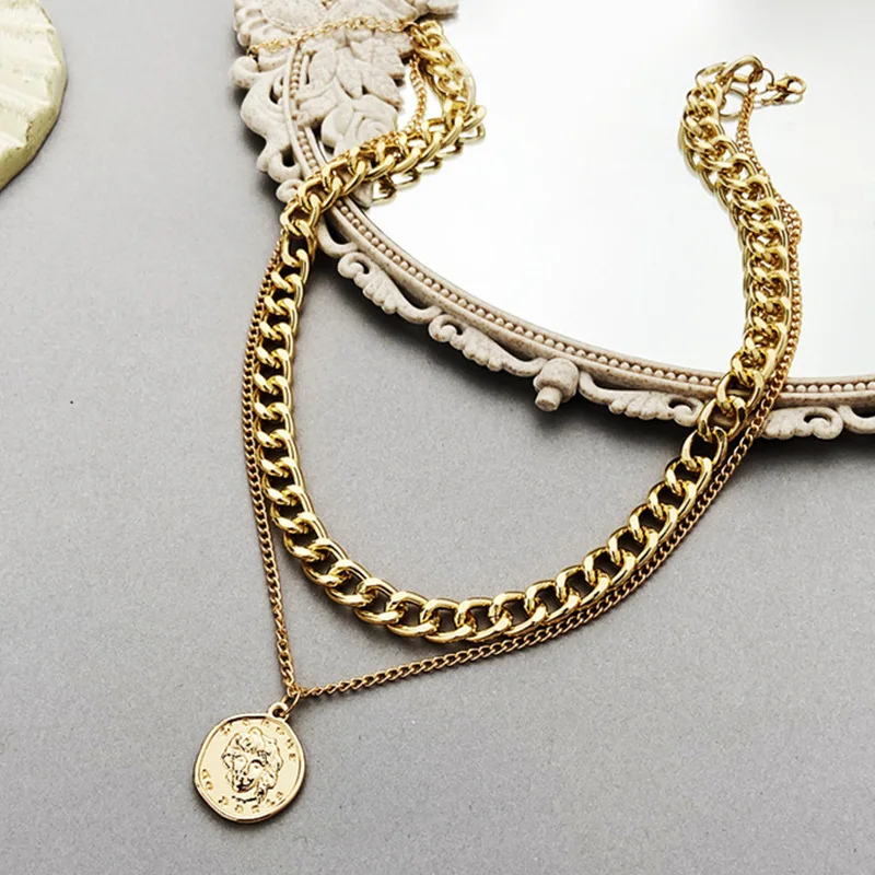 

Vintage Multi-layer Coin Chain Choker Necklace For Women Gold Silver 7BEADS Fashion Portrait Chunky Chain Necklaces Jewelry