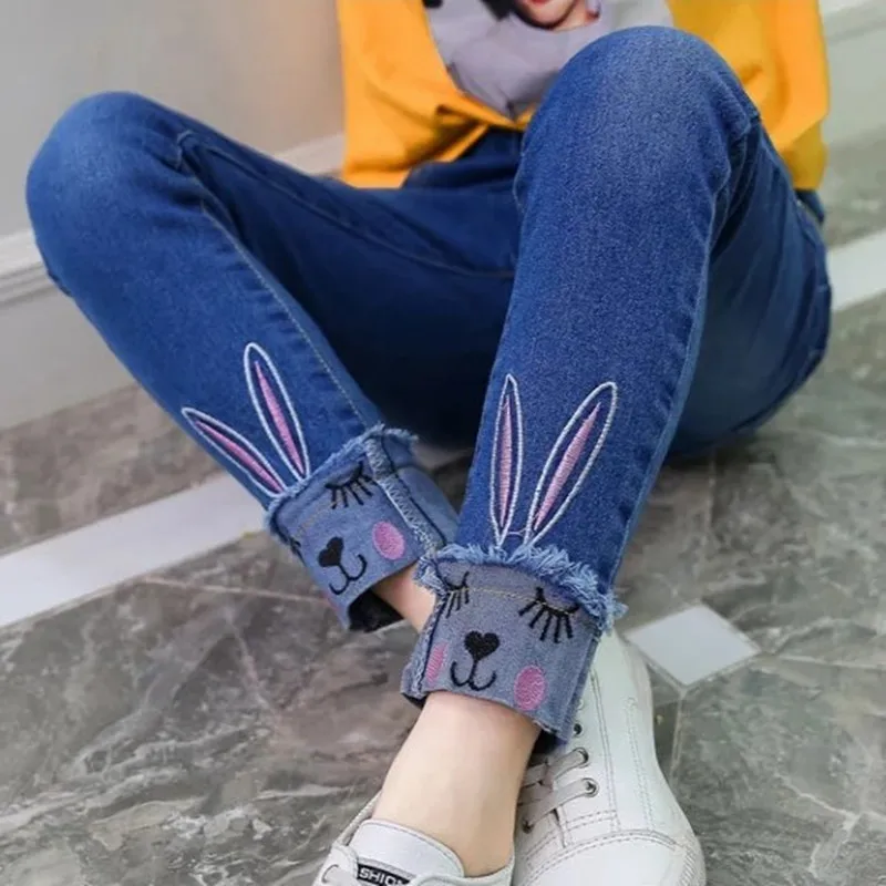 

2022 New designed Casual Girls Jeans Spring and Autumn Kids Cartoon Rabbit Ears Embroidered Jean Pants, Dark blue