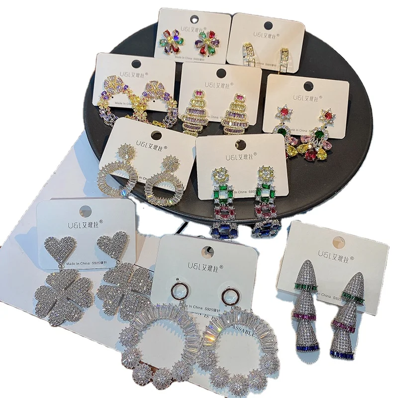 

Aug jewelry mixed wholesale colorful diamond zircon 925 silver needle earrings temperament female flower geometric earrings, Random