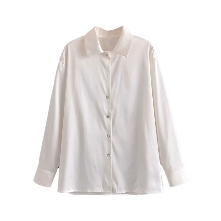 

White satin shirt women's 2021 spring new retro loose long-sleeved professional chic button lapel casual shirt top, Pic