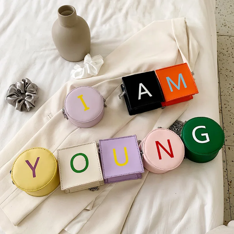 

Creative Letters Shoulder Bag Mini Round Handbags for Teenage Girls Kids Fashion New Small Square Lipstick Keys Purses Women