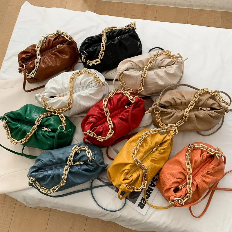 

2021 handbags for women chain Popular Ladies Solid Color Pu Leather Ruched Cloud Purseshoulder hand bag, Customizable