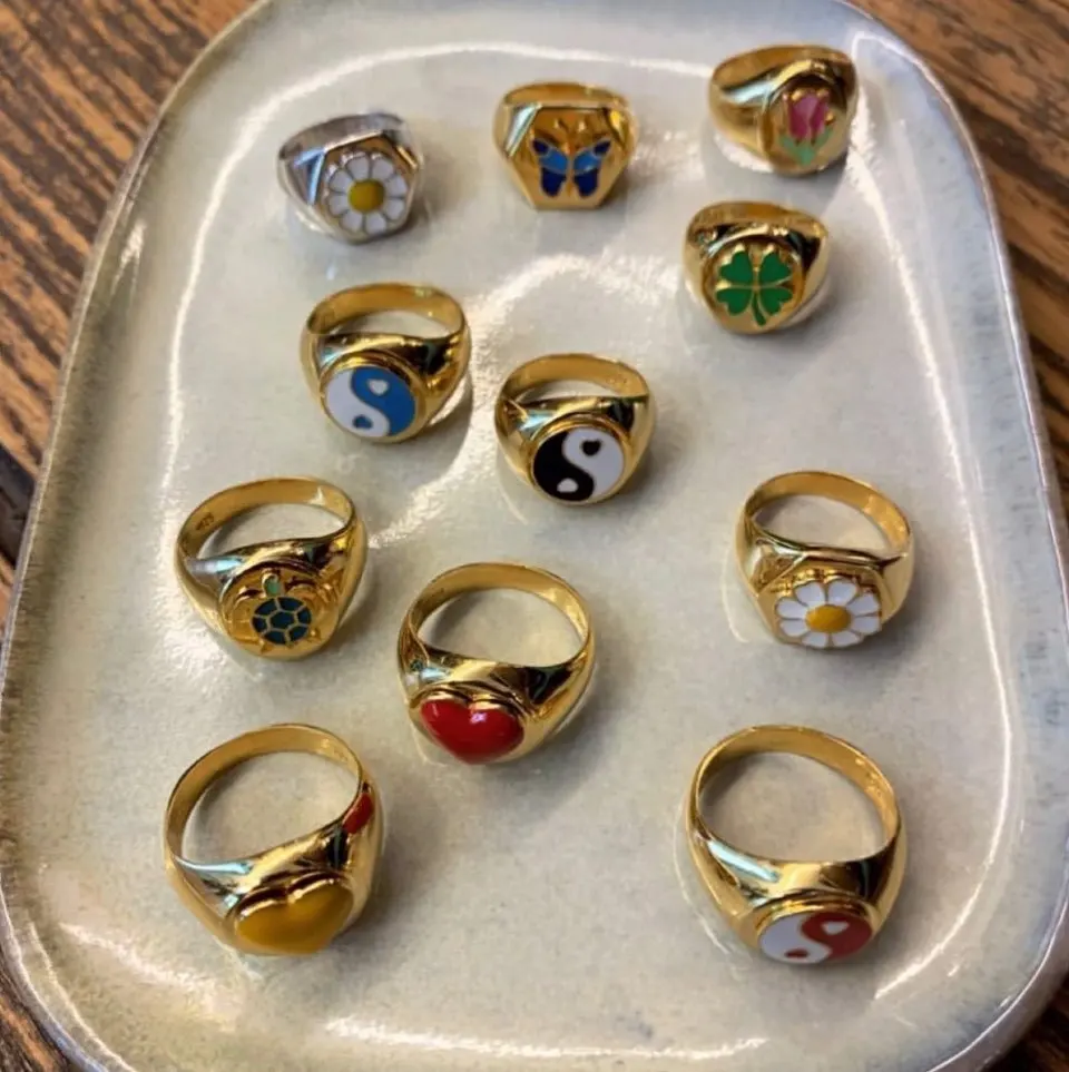 

INS gold 18k Vintage geometric enameled ring sweet flower heart ring brass rings jewelry women