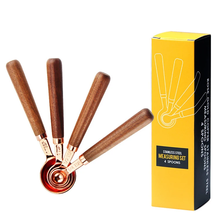 

Rose gold stainless steel measurement spoons wooden handle tea measuring spoon, Rose golden