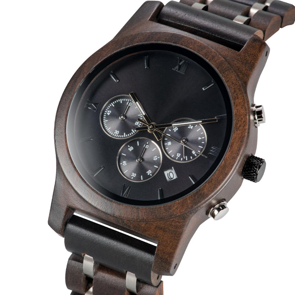 

Hot selling fast delivery luxury wood watches with stainless steel men black wood watch in wood gift box