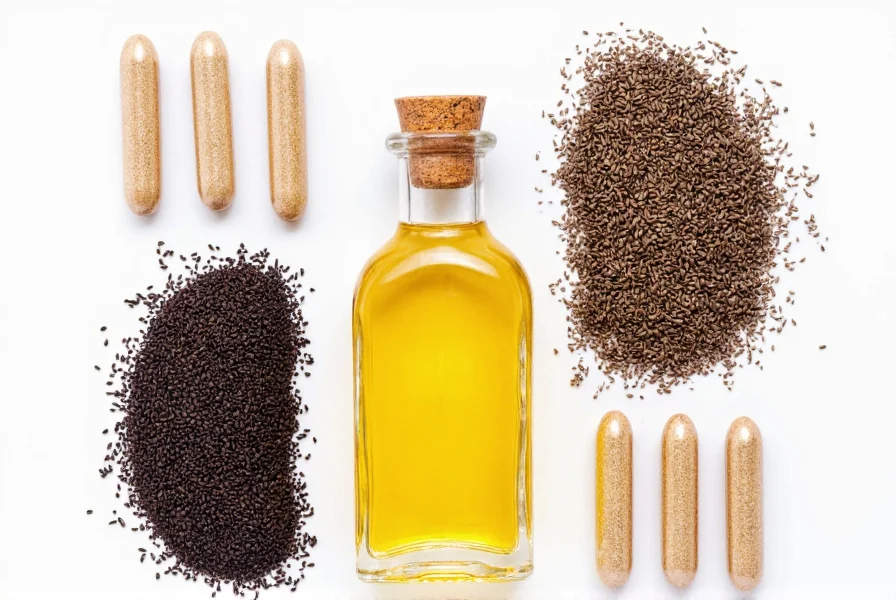 Various forms of black cumin seed products including whole seeds, oil bottle, and capsules arranged neatly