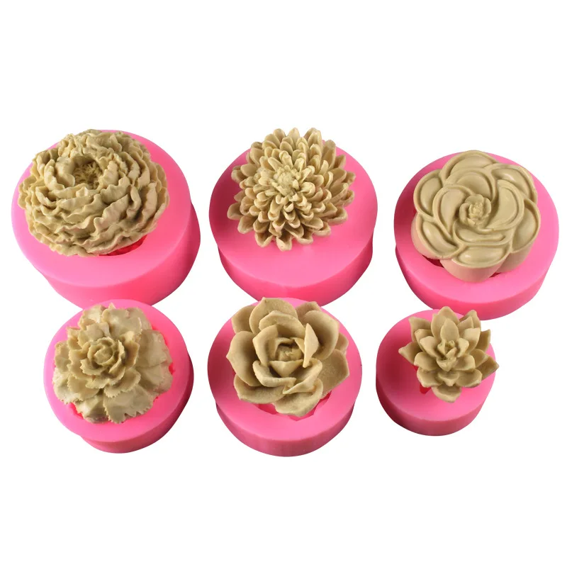 

5 flower florets rose peony chrysanthemum fondant silicone mold succulent plant plaster cake decoration mold baking tool, As picture