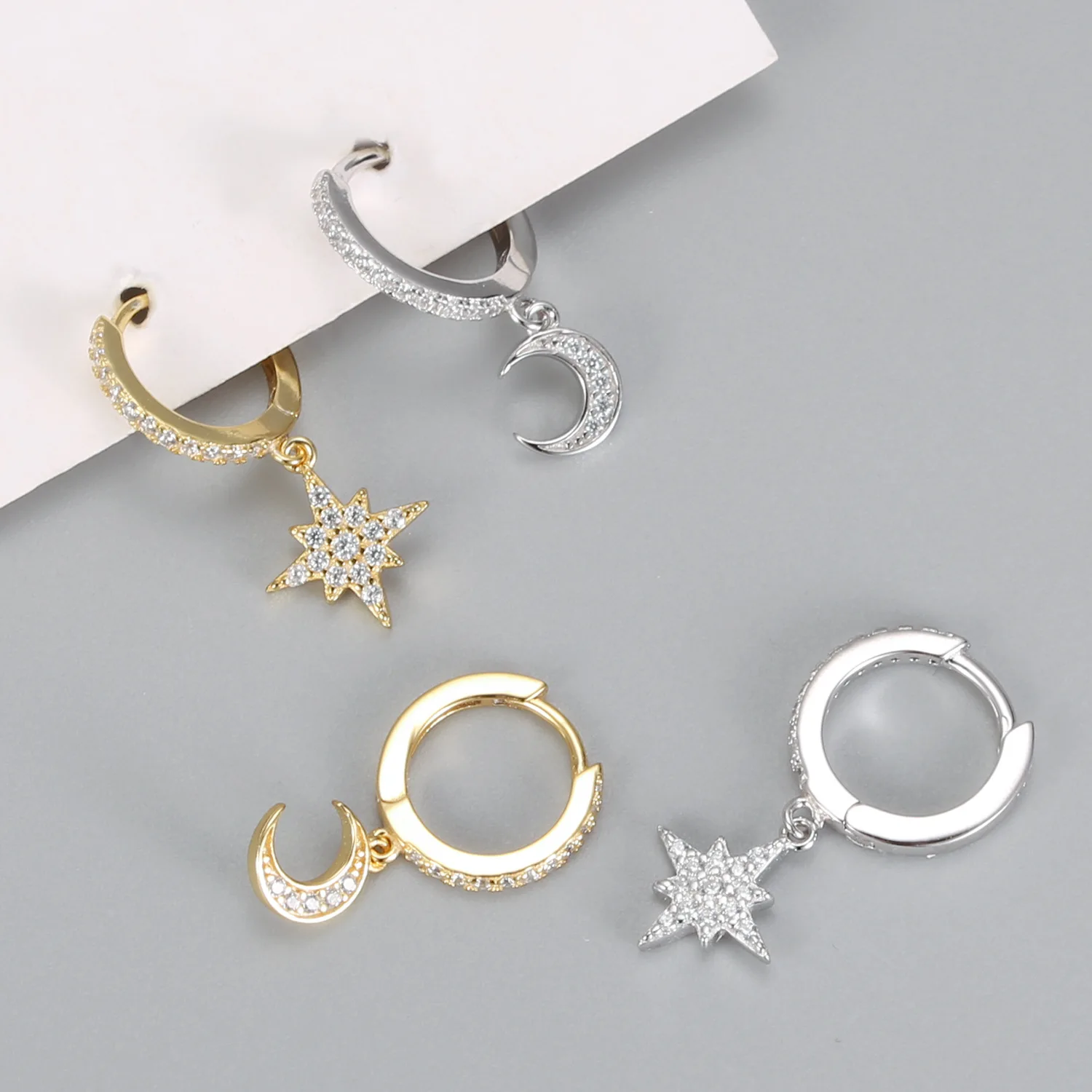 

Fashion 925 Sterling Silver Ins Cute Minimalist Moon And Star Gold Plated Hoop Huggies Earring Jewelry For Women