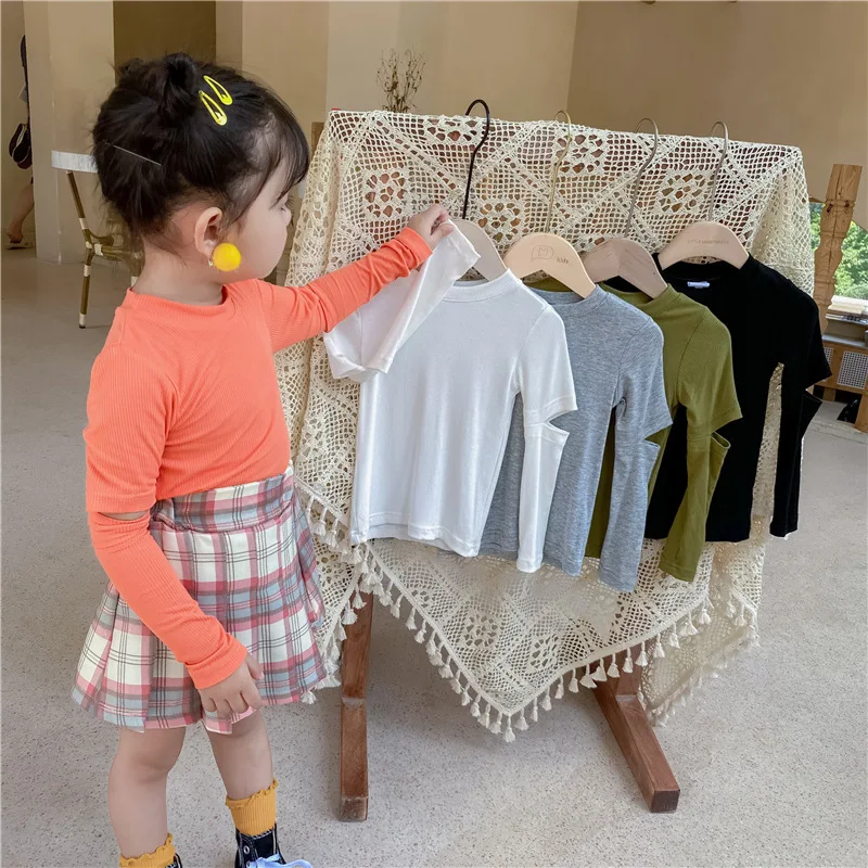 

Y108068 girls ribbed tshirt solid candy color baby split sleeved t shirt