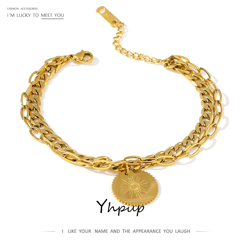 

Yhpup Trendy Fashion 18K Real Gold Plated Jewelry Statement Metal Layer Pendant 316 Stainless Steel Bracelet for Women, Gold color