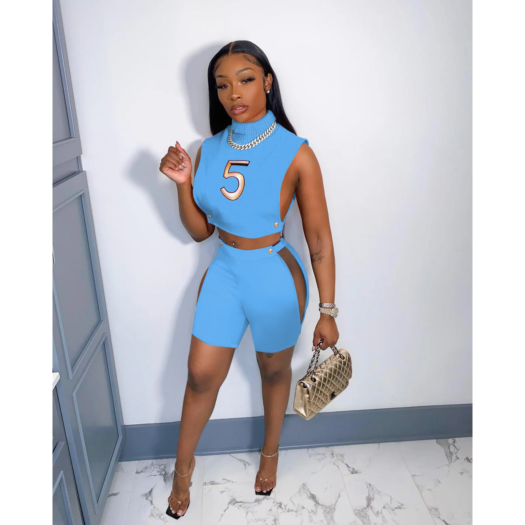 

2022 New Arrival Summer Turtleneck Short Set For Ladies Sleeveless Tracksuit 2 Piece Women Side Cutout Two Piece Pants Set, Customized color