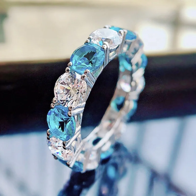 

Two Color Special Design Ring Jewelry Silver Rectangle Shape Blue White Zircon Wedding Bands Ring Gift Silver Custom, Picture shows