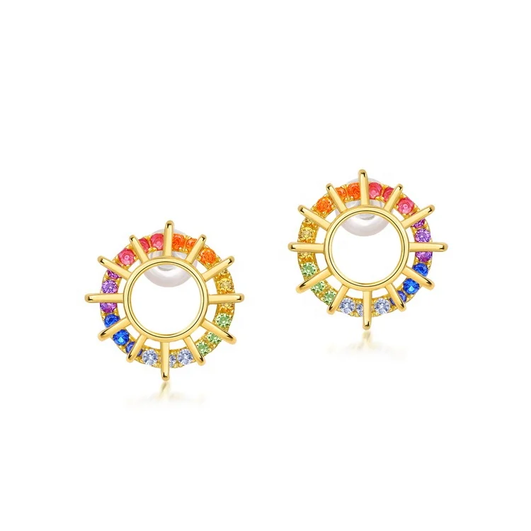 

14K Gold Plated Sterling Silver Rainbow CZ Diamond Earrings Circle Minimalist Stud Earrings for Women Round Hollow Jewelry