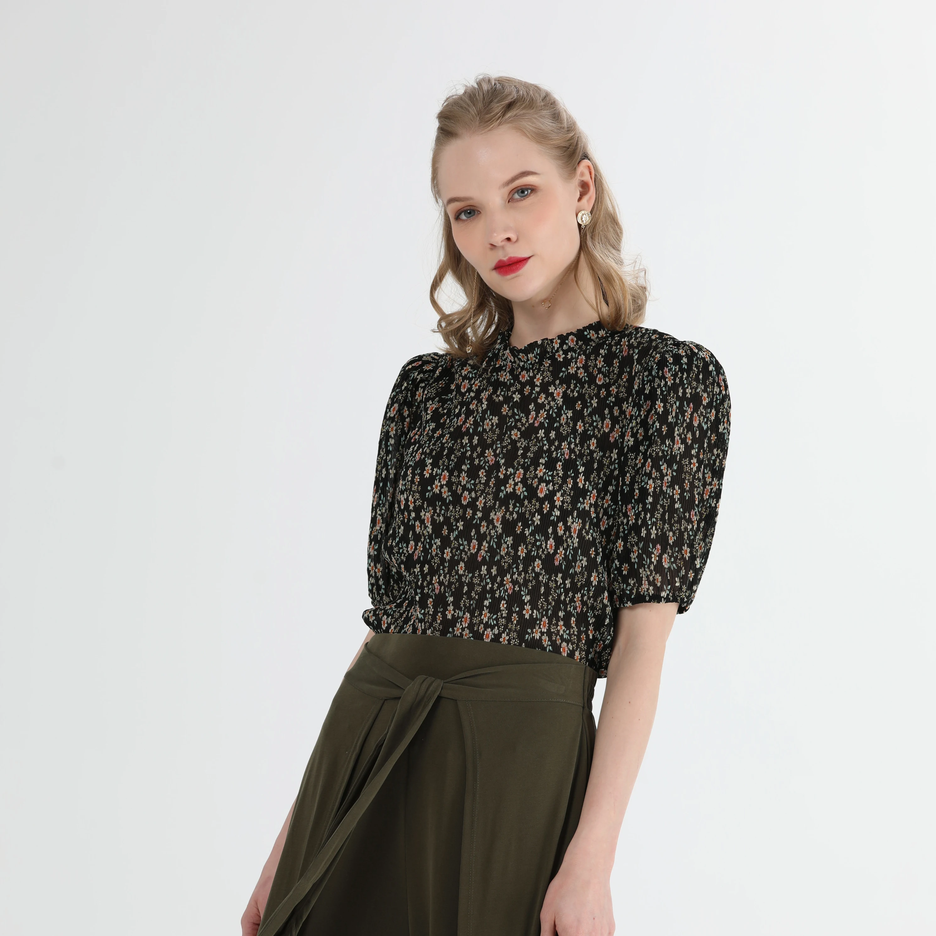 

Fashion Summer Custom Ruffle Stand Collar Short Sleeve Chiffon Tops Womans Shirts Blouse
