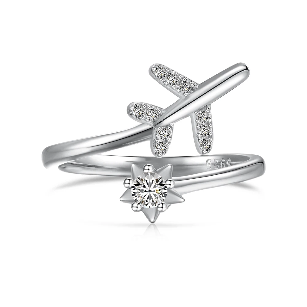 Dylam Waterproof 925 Sterling Silver Aviation Airplane Jewelry Women 18K Gold Plated Adjustable Ring Cubic Zircon Airplane Rings
