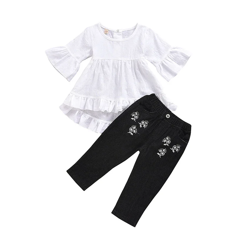 

White linen high low girls top black jeans two piece children outfit kids clothes, As picture show