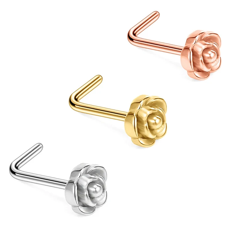 

Trendy L Bone Screw Shaped Stainless Steel Nose Rings Piercing Nose Rings Rose Flower Nose Ring Bulk, Picture shows