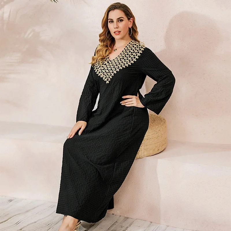 

muslim women clothing Long sleeve flared sleeve V-neck embroidery plus size female clothing Casual Dresses, Black