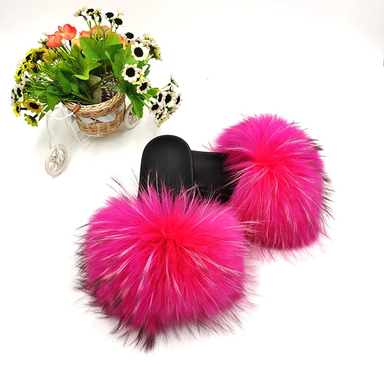 

real raccon fur slippers colorful real furry summer fur slides, Customized color