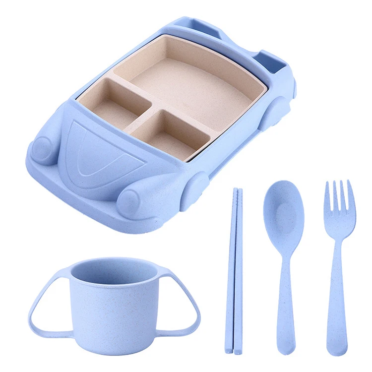 

New Arrival Amazon Hot Sale Products High Quality Eco Friendly Food Container cartoon Wheat Straw Flatware 5pcs Set for kids, As pictures shhower