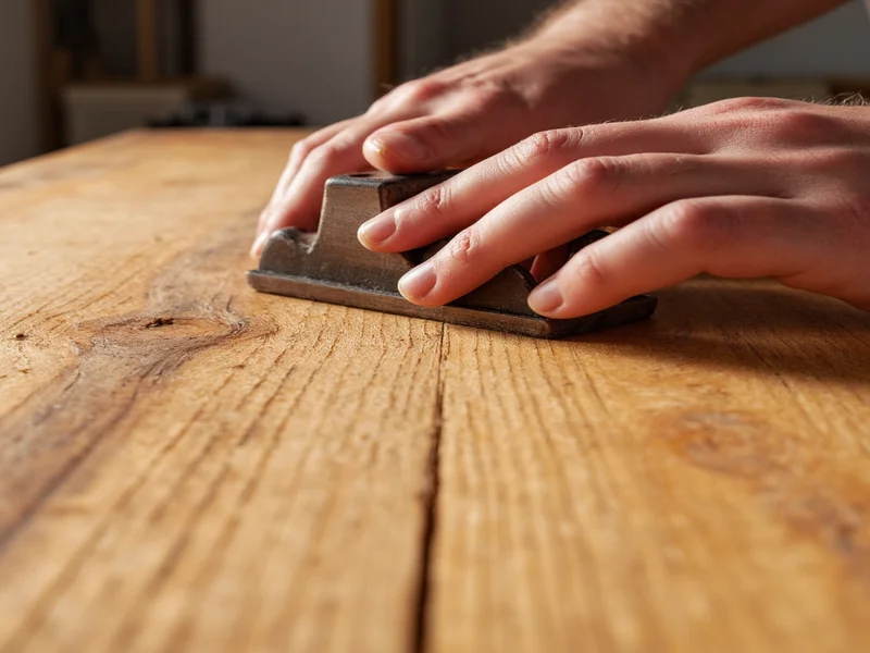 Hand planing reclaimed oak wood grain close-up