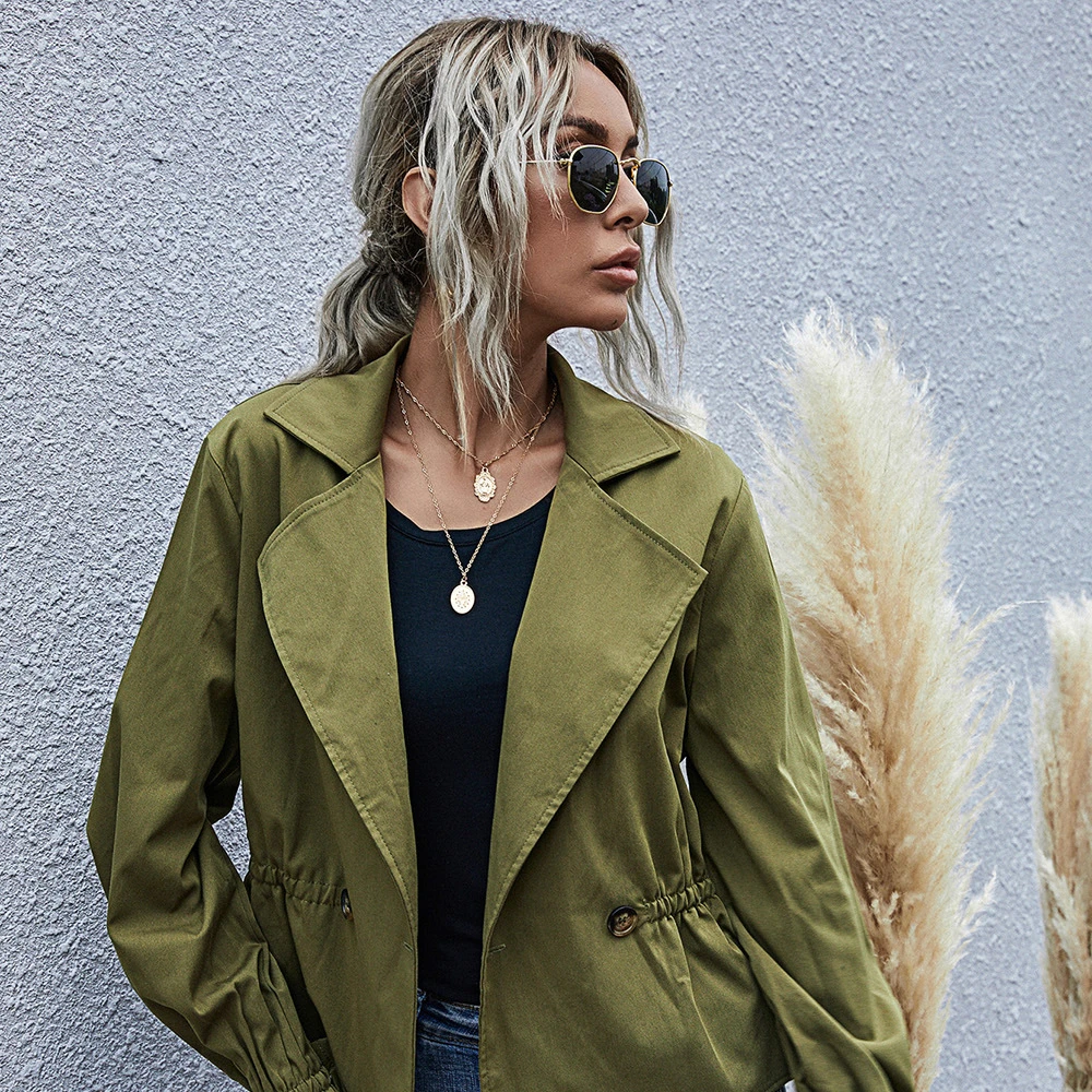

CL-0621 Autumn Plus Size Fashionable Cardigan Army Green Casual Trench Coating Jackets Women Long Flared Sleeves Women'S Coats