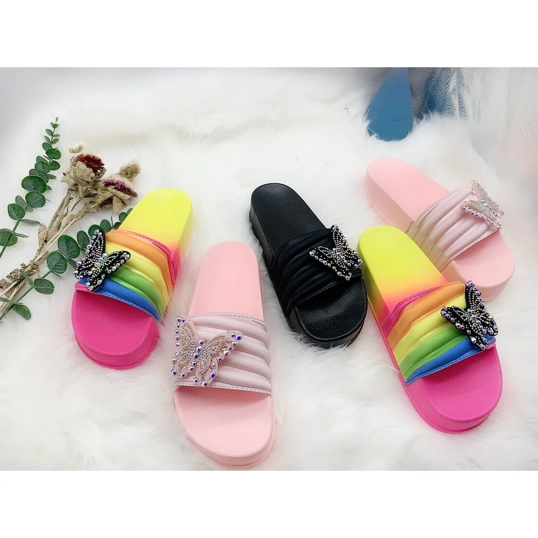 

New ladies high heel slippers multicolor butterfly female high heel rainbow flat shoes summer wedge sandals diamond slipper