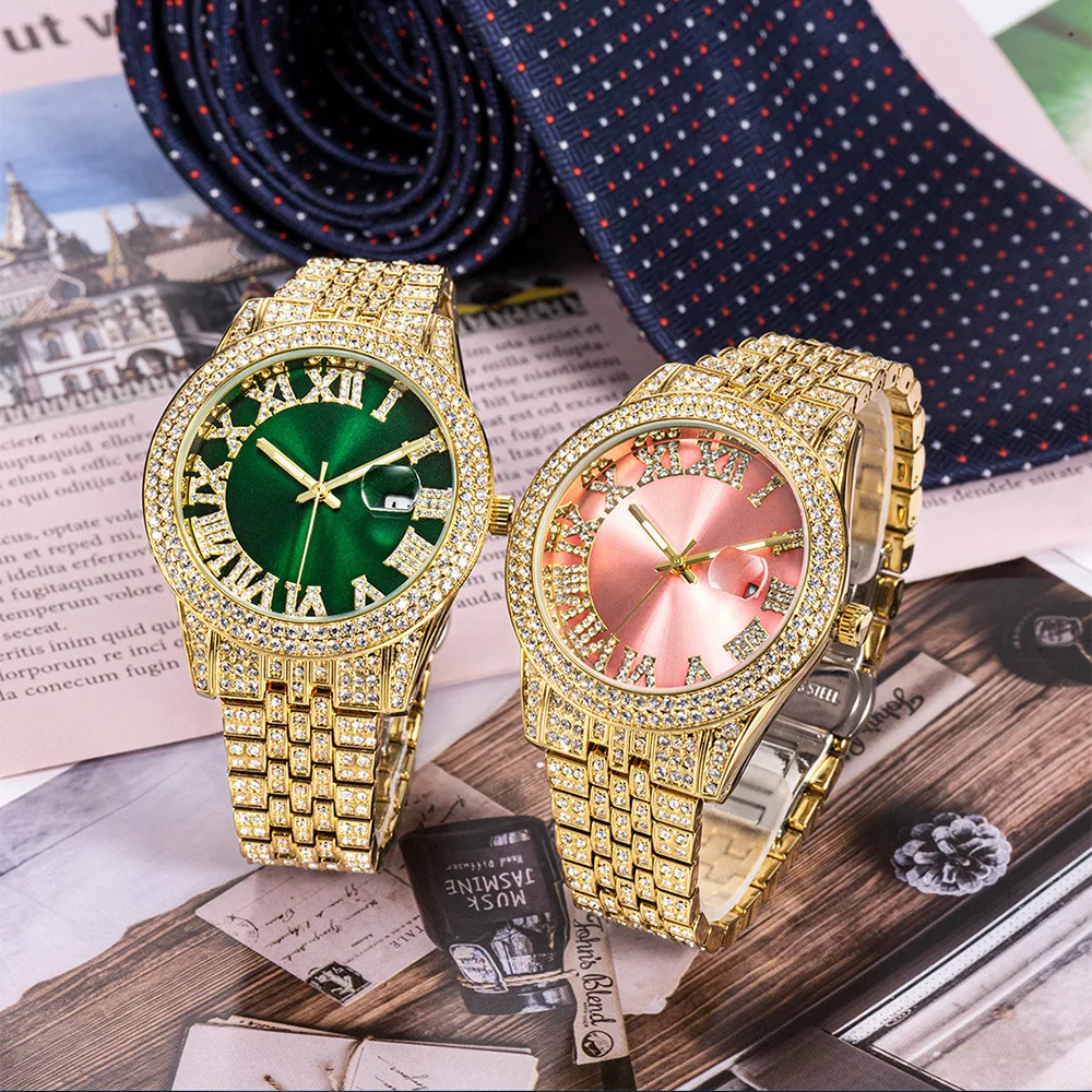 

Luxury Hip Hop Quartz Watch Water Proof Inlay Full Icy Diamond Roman Pink Dial Quartz Watch For Men Women