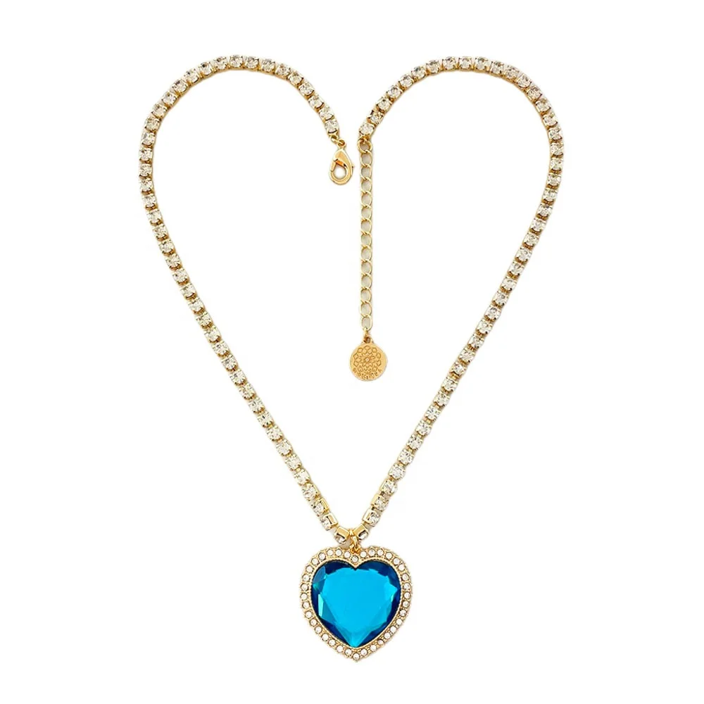 

Wholesale Of New Materials crystal chain blue heart diamond gold plated pendant choker necklace