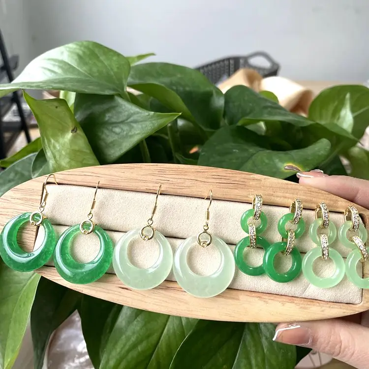 

Jialin 2021 INS new diamond light green jade donut earrings natural disk circle green jade earring jade hoop earrings