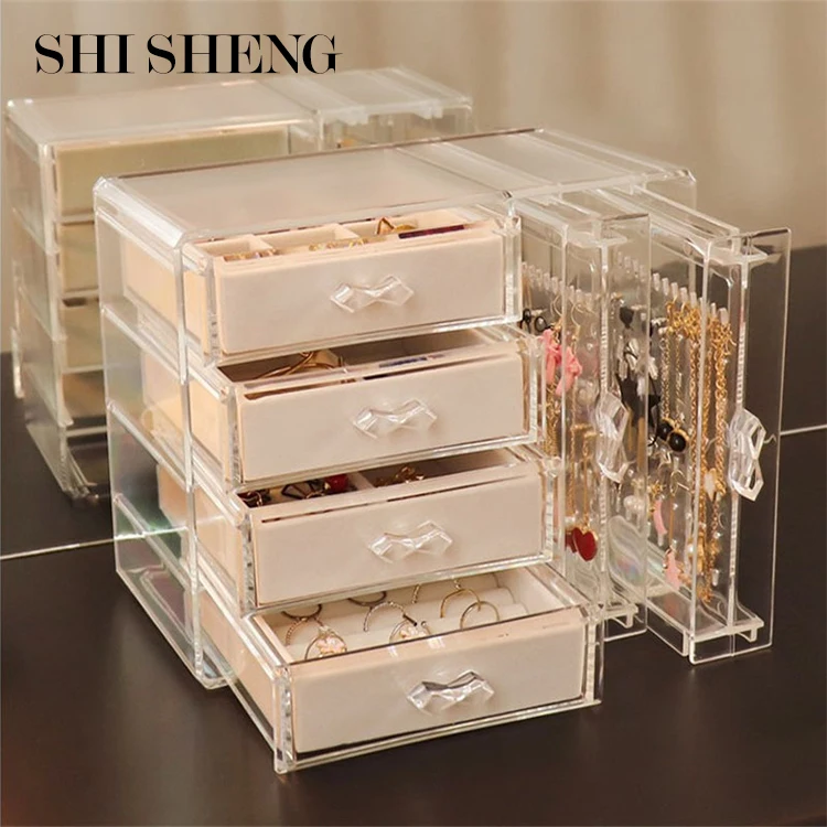 

SHI SHENG 4 Velvet Drawers Clear Earrings Ring Necklace Bracelet Jewelry Hanging Boxes Acrylic Jewelry Organizer Box for Women, Beige/gray/pink