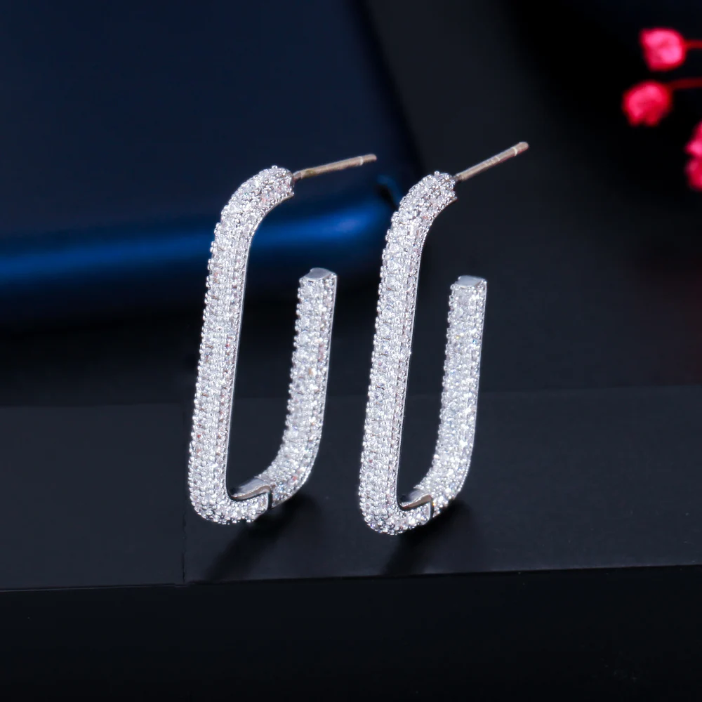 Fashion Bling Silver Plated Full Micro Pave CZ Zircon Double Sided U Shaped Hoop Earrings for Women Dainty Shopping Jewelry