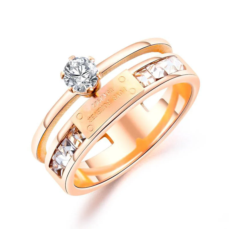 

Stainless Steel Jewelry Ring For Women Rose Gold Plated Zircon Wedding Engagement Rings Valentine's Day Gift, Rose gold color