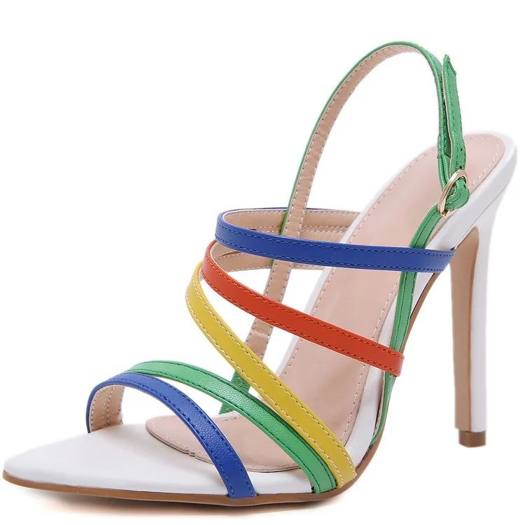 

High-heeled Slingbacks for Women Sandals Ladies Pointed Open toe Dress Summer Shoes Stiletto Colorful Bands Sandals Pumps, White