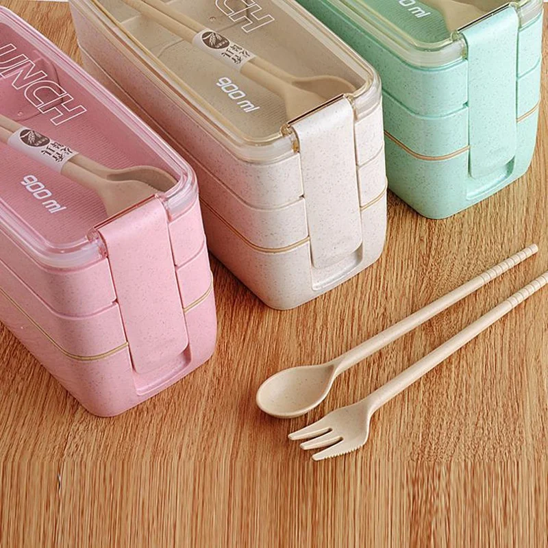 

Portable 3 Layer Food Grade Wheat Straw Lunchbox Boite Container Plastic Student Bento Food Lunch Box With Spoon And Fork, Green, pink, beige