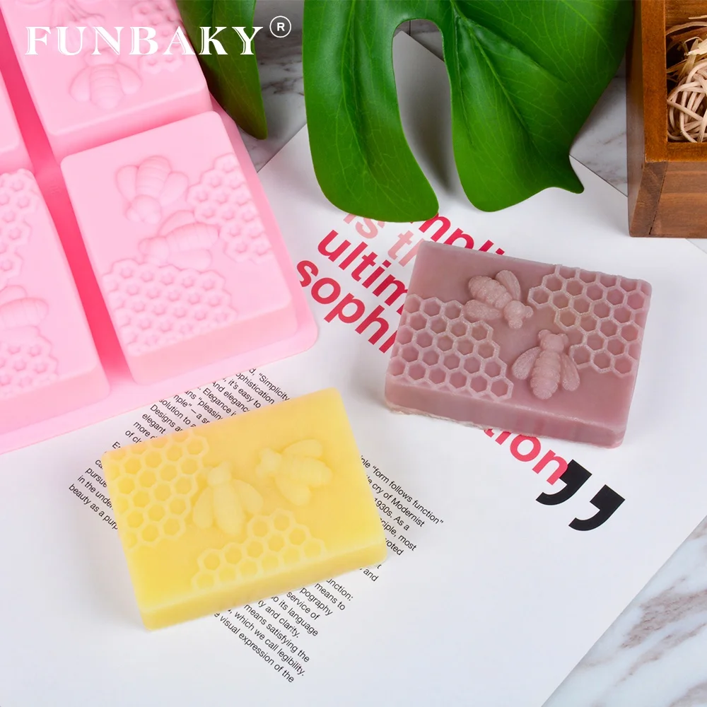 

FUNBAKY Heat resistant 6 cavity large volume rectangle honey bee shape soap silicone mold homemade candle mold silicone, Customized color