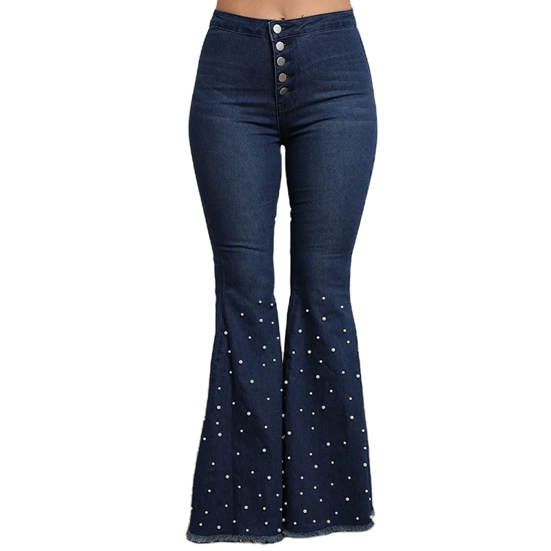 

2020 New fashion High waist Elastic force Rivet Flare Pants Jeans women ladies jeans