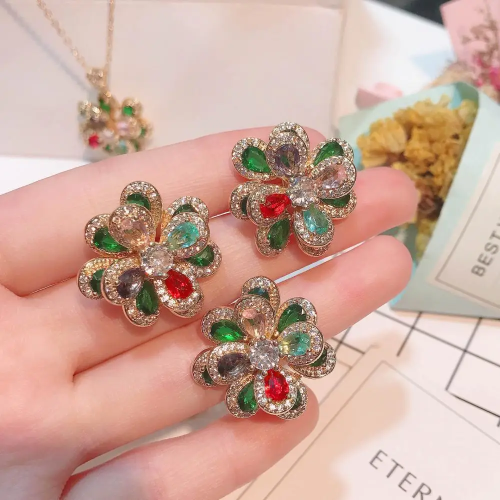 

Tourmaline Flower Jewelry Set Three-Dimensional Camellia Pendant Necklace Opening Adjustable Ring Bracelet Earrings