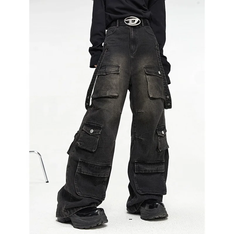 Utility Multi Pocket Design Loose Straight Streetwear Mens Black Washed Cargo Denim Jeans