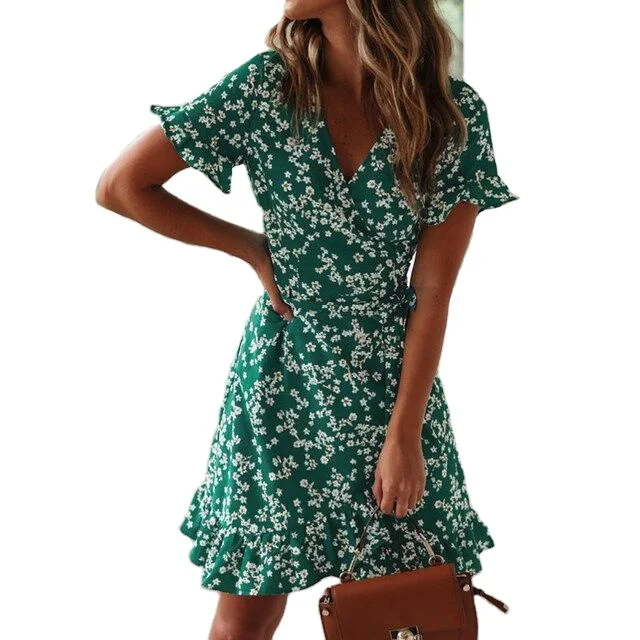

New Arrival 2021 Fashion Floral Print Clothes High Quality Summer Girls' Dress Lace-Up Ruffle Casual Elegant Womens Party Dress