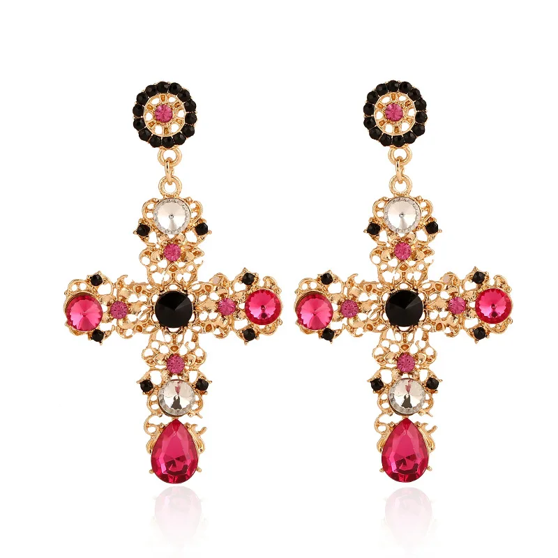 

2020 fashion women Cross red rhinestone Earrings Retro palace Catwalk earrings