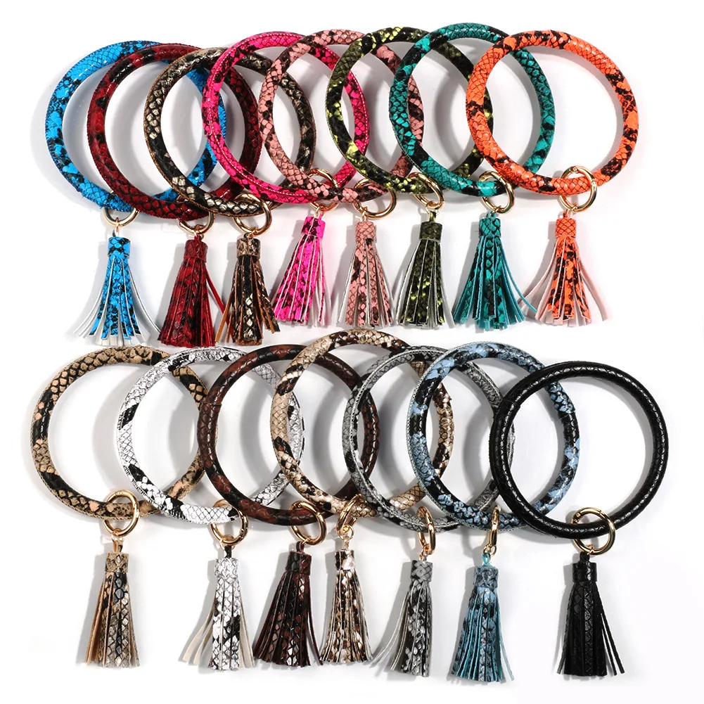 

Hot selling design round snakeskin design key ring bracelet charm Tassel Bangle personalized keychains, Picture
