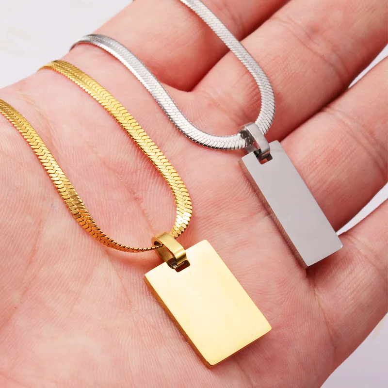 

Customized Twisted Snake Chain Mens Engraved Bar Pvd 18K Gold Plated Plain Square Stainless Steel Pendant Necklace Blanks, Gold sliver rose gold